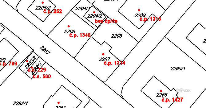 Rumburk 1 1314, Rumburk na parcele st. 2207 v KÚ Rumburk, Katastrální mapa