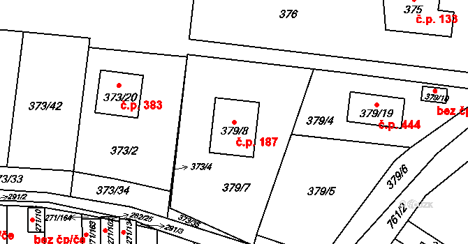 Červený Hrádek 187, Plzeň na parcele st. 379/8 v KÚ Červený Hrádek u Plzně, Katastrální mapa