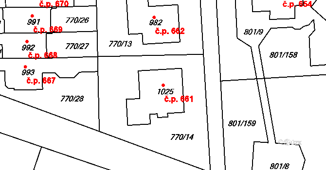 Svobodné Dvory 661, Hradec Králové na parcele st. 1025 v KÚ Svobodné Dvory, Katastrální mapa