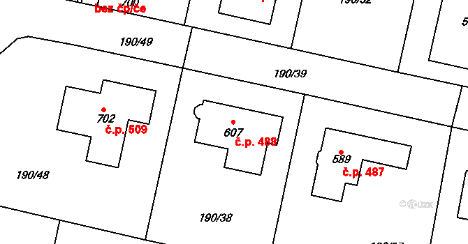 Rožďalovice 488 na parcele st. 607 v KÚ Rožďalovice, Katastrální mapa