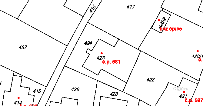 Šluknov 681 na parcele st. 423 v KÚ Šluknov, Katastrální mapa