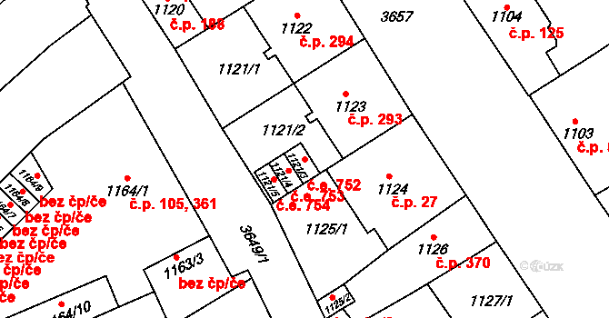 Vyškov-Město 752, Vyškov na parcele st. 1121/3 v KÚ Vyškov, Katastrální mapa