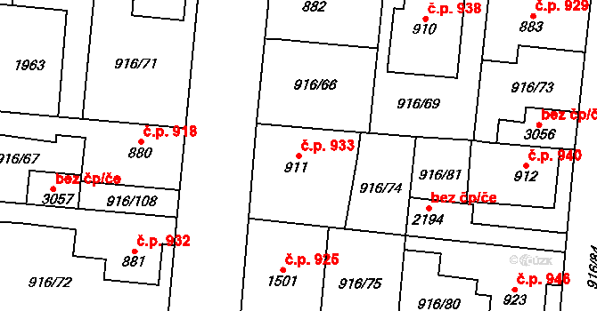 Přelouč 933 na parcele st. 911 v KÚ Přelouč, Katastrální mapa