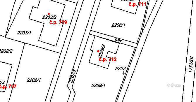Rájec 712, Rájec-Jestřebí na parcele st. 2209/2 v KÚ Rájec nad Svitavou, Katastrální mapa