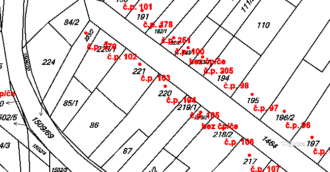 Kvasice 104 na parcele st. 220 v KÚ Kvasice, Katastrální mapa