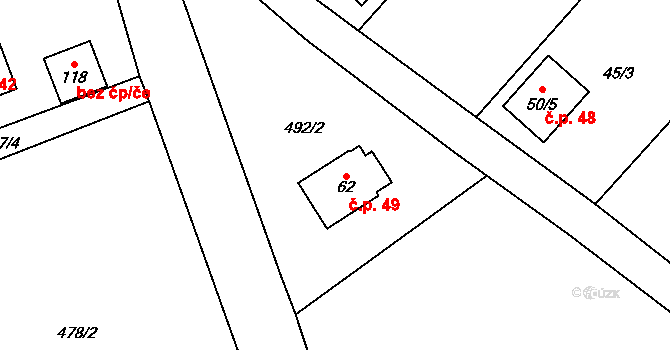 Hubenov 49, Borotice na parcele st. 62 v KÚ Hubenov u Borotic, Katastrální mapa
