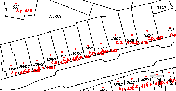 Kyjov 442 na parcele st. 398/2 v KÚ Kyjov, Katastrální mapa