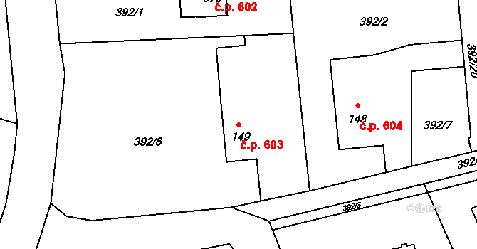 Struhařov 603, Kamenice na parcele st. 149 v KÚ Štiřín, Katastrální mapa