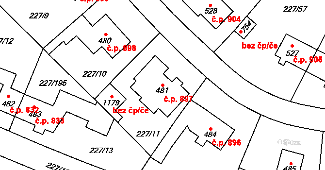 Švermov 897, Kladno na parcele st. 481 v KÚ Hnidousy, Katastrální mapa