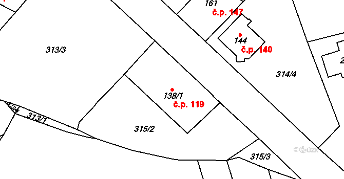 Střelná 119, Košťany na parcele st. 138/1 v KÚ Střelná, Katastrální mapa