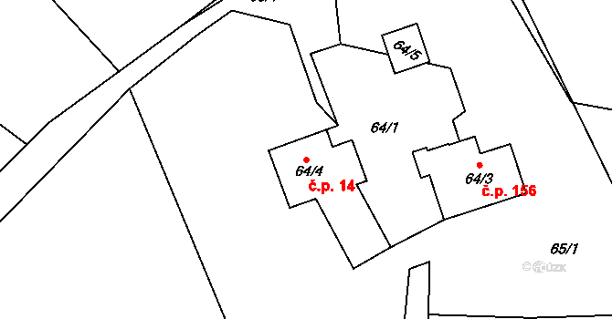 Chaloupky 14 na parcele st. 64/4 v KÚ Chaloupky, Katastrální mapa