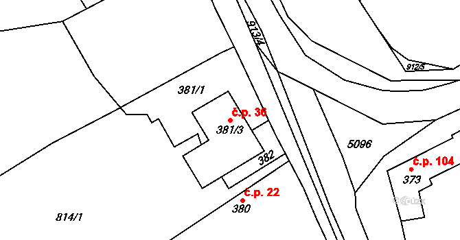 Milovice 36 na parcele st. 381/3 v KÚ Milovice nad Labem, Katastrální mapa