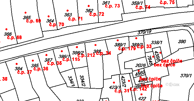 Stařečka 34, Třebíč na parcele st. 388 v KÚ Třebíč, Katastrální mapa