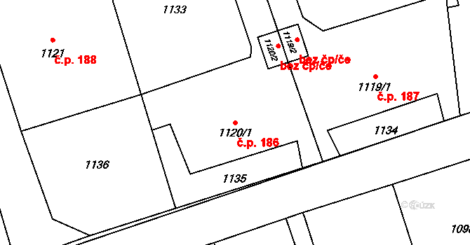 Záblatí 186, Bohumín na parcele st. 1120/1 v KÚ Záblatí u Bohumína, Katastrální mapa
