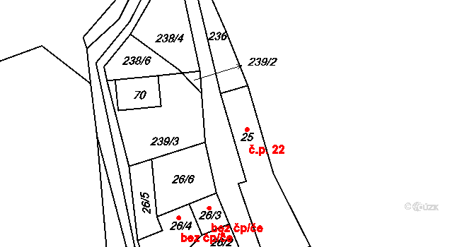 Křepiny 22, Řečice na parcele st. 25 v KÚ Křepiny, Katastrální mapa