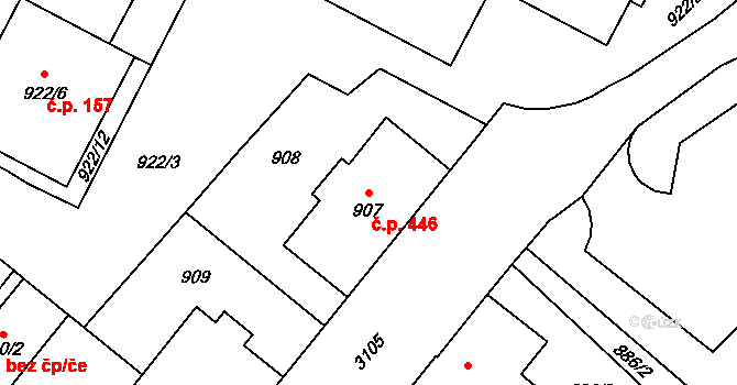 Místek 446, Frýdek-Místek na parcele st. 907 v KÚ Místek, Katastrální mapa