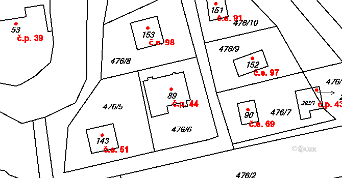 Hryzely 44, Barchovice na parcele st. 89 v KÚ Hryzely, Katastrální mapa
