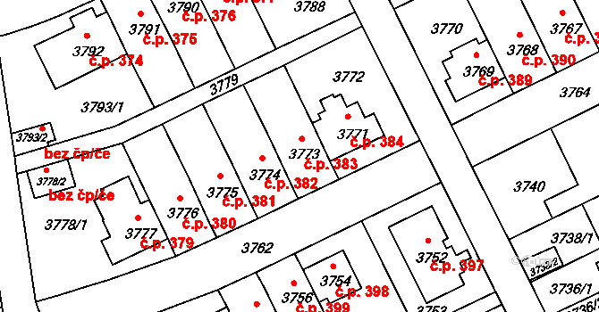 Záběhlice 383, Praha na parcele st. 3773 v KÚ Záběhlice, Katastrální mapa