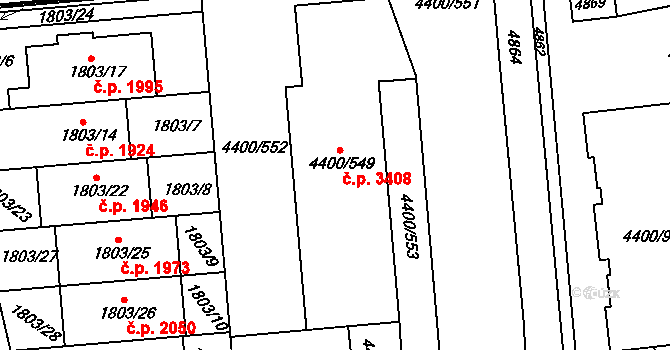 Modřany 3408, Praha na parcele st. 4400/549 v KÚ Modřany, Katastrální mapa