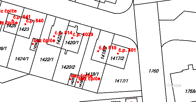 Ruzyně 815, Praha na parcele st. 1418/2 v KÚ Ruzyně, Katastrální mapa