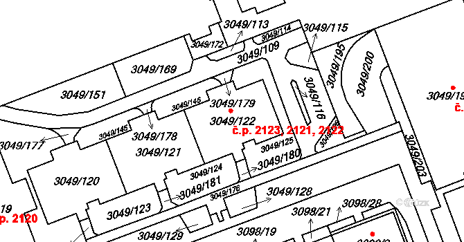 Libeň 2121,2122,2123, Praha na parcele st. 3049/122 v KÚ Libeň, Katastrální mapa