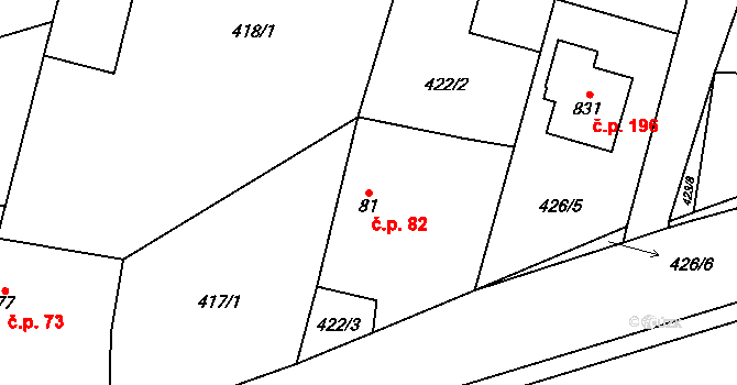 Láz 82 na parcele st. 81 v KÚ Láz, Katastrální mapa