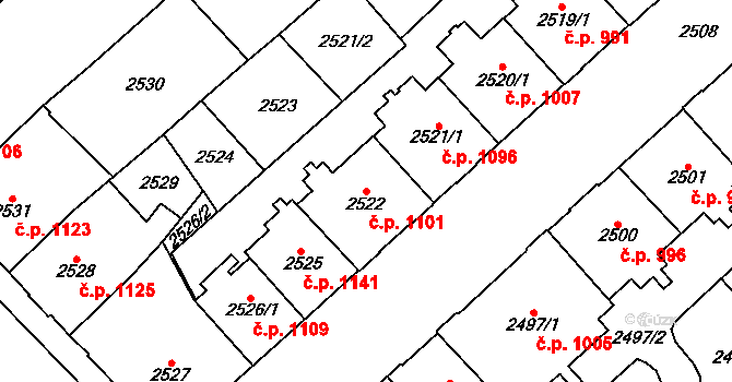 Chomutov 1101 na parcele st. 2522 v KÚ Chomutov I, Katastrální mapa