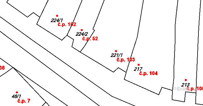 Kovalovice 103 na parcele st. 221/1 v KÚ Kovalovice, Katastrální mapa