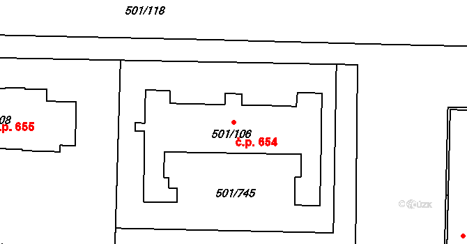 Ráj 654, Karviná na parcele st. 501/106 v KÚ Ráj, Katastrální mapa