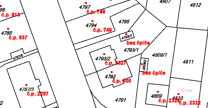 Východní Předměstí 2327, Plzeň na parcele st. 4793/2 v KÚ Plzeň, Katastrální mapa