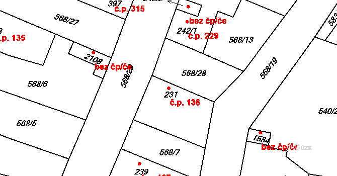 Litice 136, Plzeň na parcele st. 231 v KÚ Litice u Plzně, Katastrální mapa
