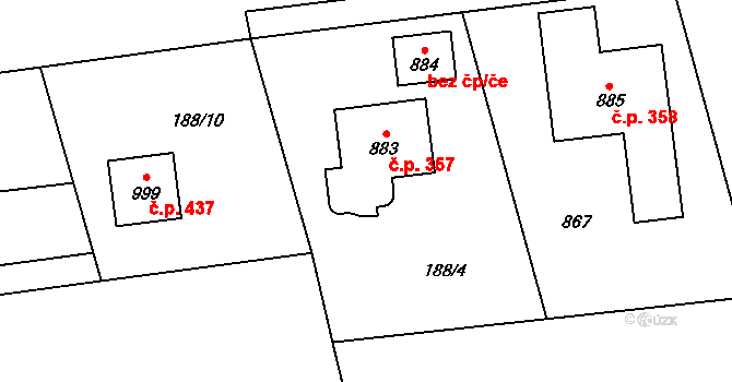 Velké Popovice 357 na parcele st. 883 v KÚ Velké Popovice, Katastrální mapa
