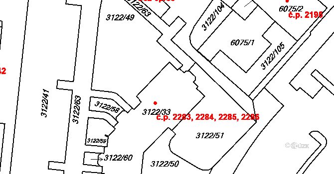 Pod Bezručovým vrchem 2283,2284,2285,2286, Krnov na parcele st. 3122/33 v KÚ Krnov-Horní Předměstí, Katastrální mapa