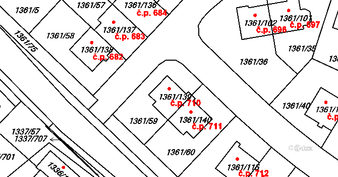 Vinoř 710, Praha na parcele st. 1361/139 v KÚ Vinoř, Katastrální mapa