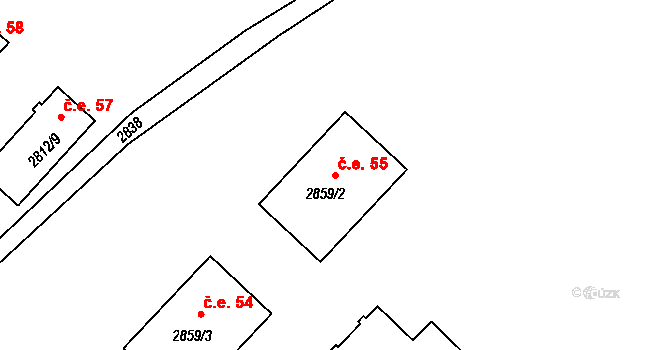 Malhostovice 55 na parcele st. 2859/2 v KÚ Malhostovice, Katastrální mapa