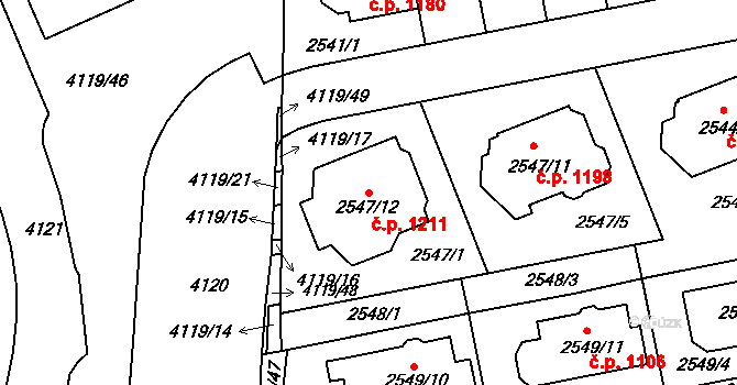 Komín 1211, Brno na parcele st. 2547/12 v KÚ Komín, Katastrální mapa