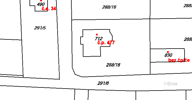 Stará Huť 477 na parcele st. 712 v KÚ Stará Huť, Katastrální mapa