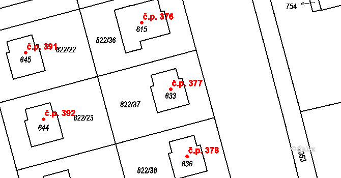 Hrochův Týnec 377 na parcele st. 633 v KÚ Hrochův Týnec, Katastrální mapa
