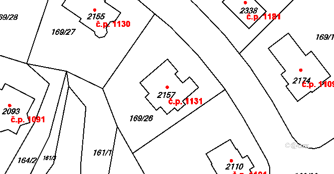 Podklášteří 1131, Třebíč na parcele st. 2157 v KÚ Podklášteří, Katastrální mapa