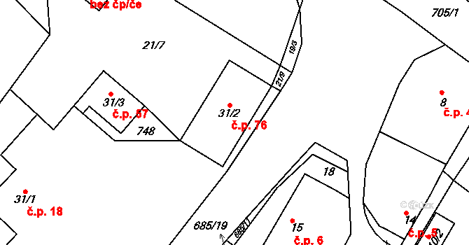 Jemníky 76, Mladá Boleslav na parcele st. 31/2 v KÚ Jemníky u Mladé Boleslavi, Katastrální mapa