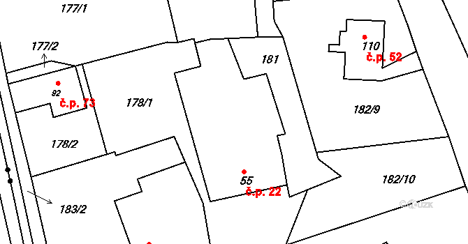 Srlín 22, Bernartice na parcele st. 55 v KÚ Srlín, Katastrální mapa
