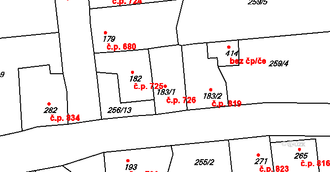 Rudná 726 na parcele st. 183/1 v KÚ Hořelice, Katastrální mapa