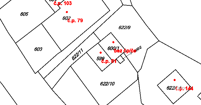 Černotín 81 na parcele st. 599 v KÚ Černotín, Katastrální mapa