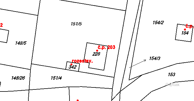 Zvole 203 na parcele st. 228 v KÚ Zvole u Prahy, Katastrální mapa