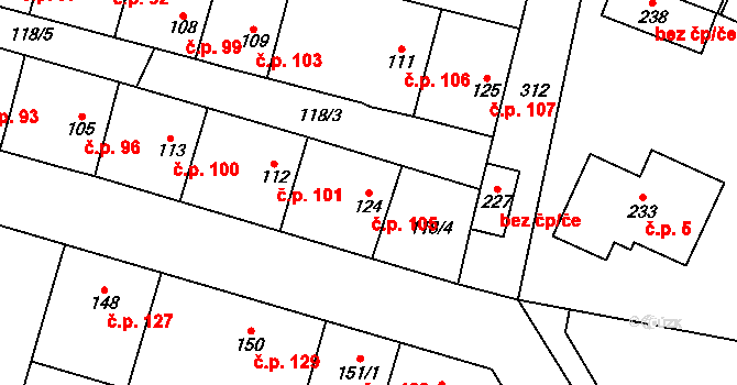 Hospozín 105 na parcele st. 124 v KÚ Hospozín, Katastrální mapa