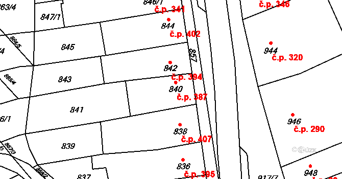 Rajhrad 387 na parcele st. 840 v KÚ Rajhrad, Katastrální mapa