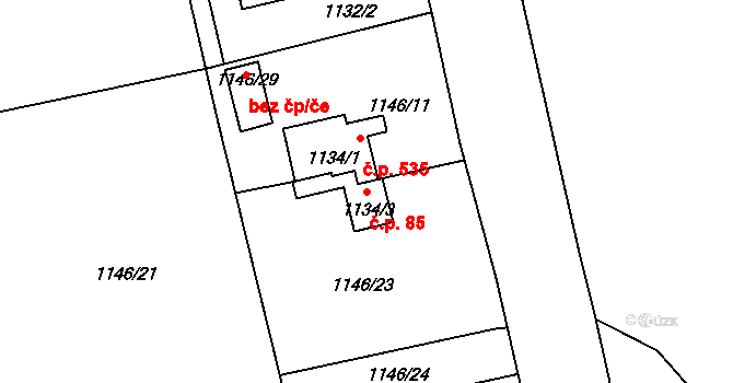 Hřebeč 85 na parcele st. 1134/3 v KÚ Hřebeč, Katastrální mapa