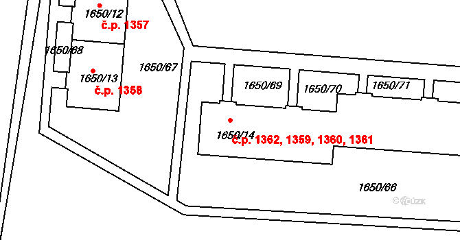 Slavkov u Brna 1359,1360,1361,1362 na parcele st. 1650/14 v KÚ Slavkov u Brna, Katastrální mapa