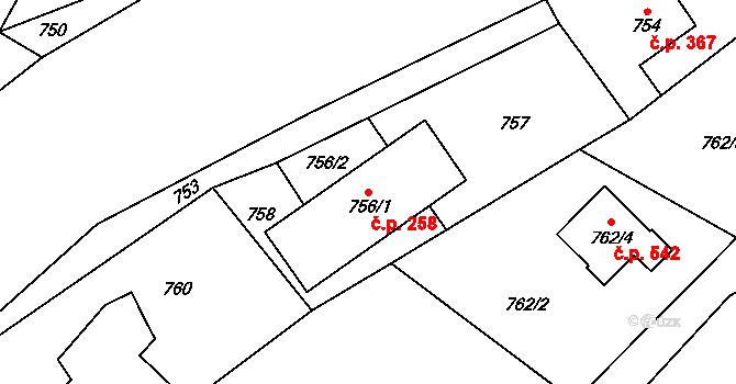 Fryčovice 258 na parcele st. 756/1 v KÚ Fryčovice, Katastrální mapa