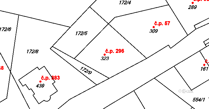 Veltruby 296 na parcele st. 323 v KÚ Veltruby, Katastrální mapa